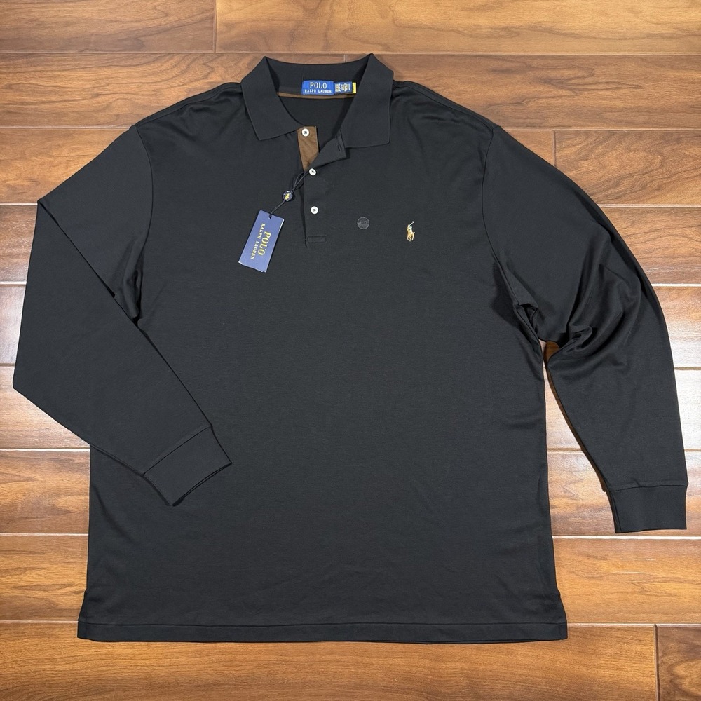 Polo Ralph Lauren Men Size 2XLT Black Classic Soft Cotton Polo Shirt Long Sleeve